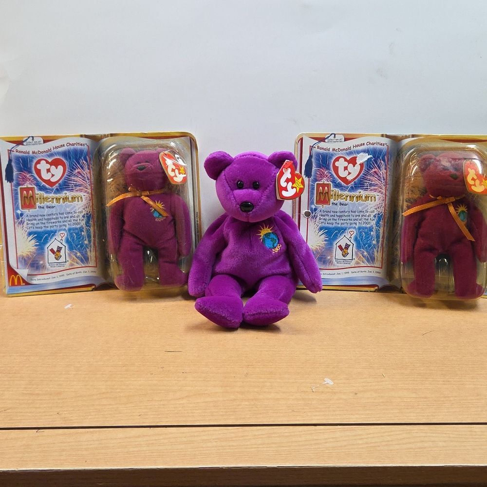 TY Retired Beanie Baby Millennium the Bear + 2 Teenie Beanie Millennium
